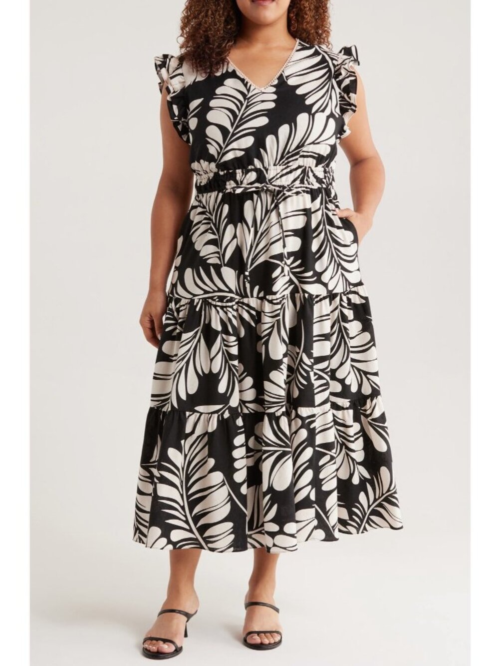 Anne Klein Womens Plus Size Tiered Midi Dress Black & Egret 16W V-Neck Ruffle Sl